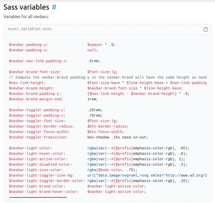 Bootstrap documentation: Navbar > Sass variables