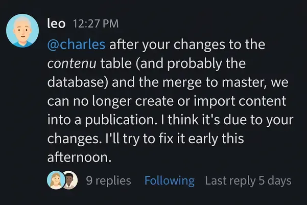Léo reporting the bug on our chat