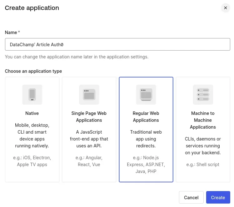 Créer une nouvelle Application dans Auth0