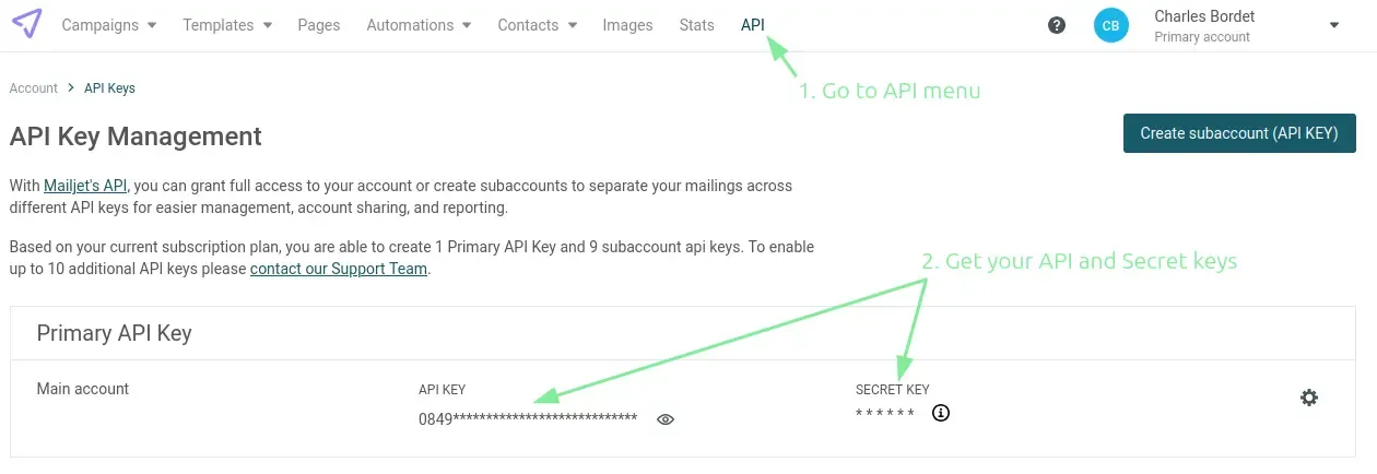 Mailjet API keys
