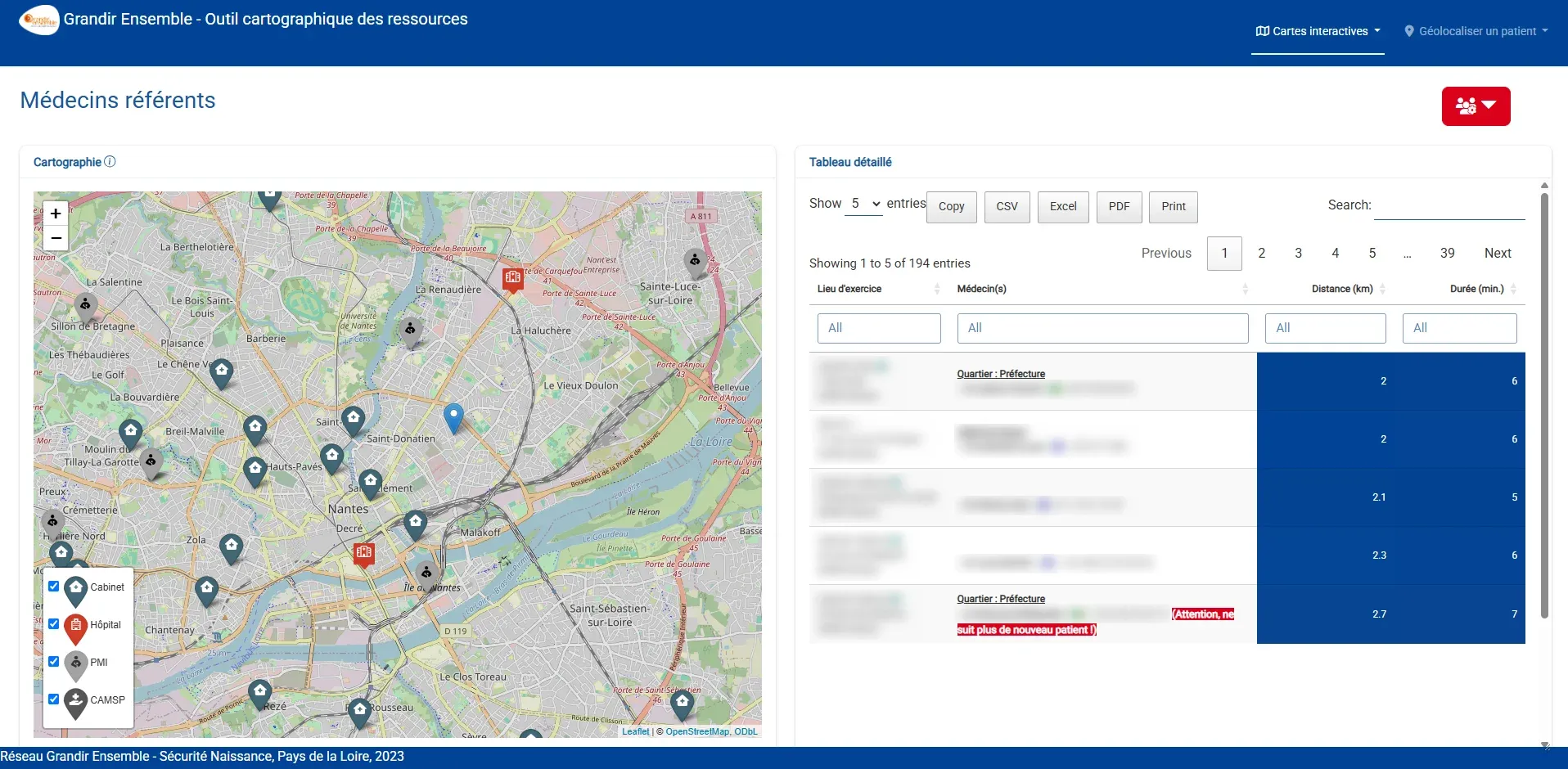 Application d’origine : la page des médecins référents, avec une carte à gauche et un tableau de résultats à droite