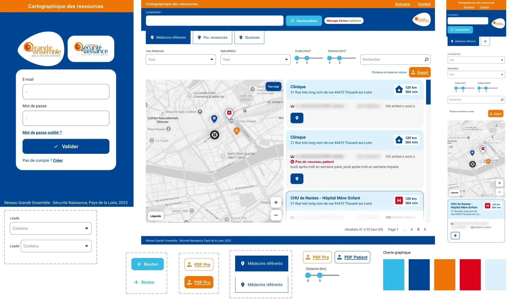 Maquette Figma : l’écran de connexion, l’écran principal avec la carte et les fiches des professionnels, la version mobile et la charte graphique