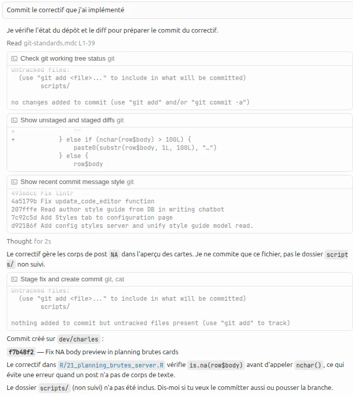 Exemple d'un prompt Cursor décomposé en 3 tours avec 5 tool calls : git status, git diff, git log, lecture de rule, puis git commit