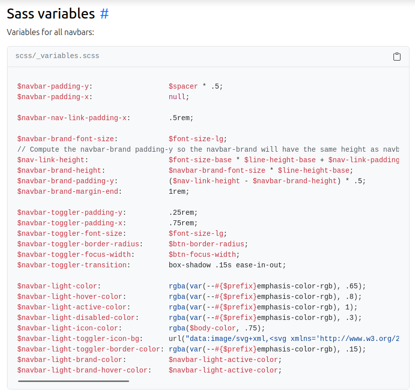 Bootstrap documentation: Navbar > Sass variables