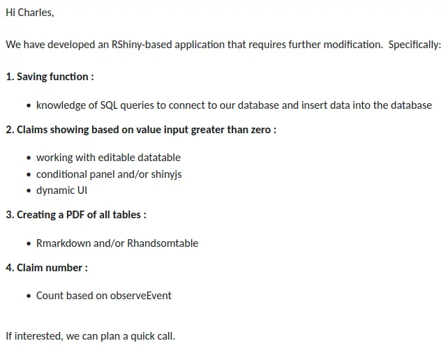 Email d'un prospect pour une appli Shiny